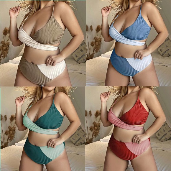 Ladies Plus Size Colorblock Strap Bikini - Picture 1 of 10